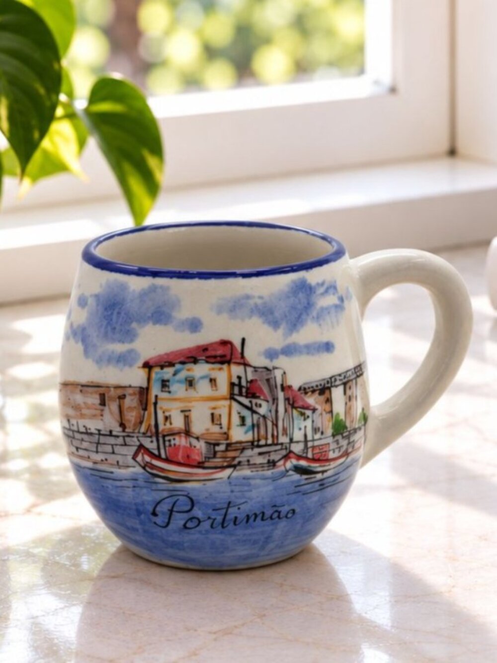Hand-Painted Portimão Ceramic Mug Algarve Portugal Coastal Scene 10oz